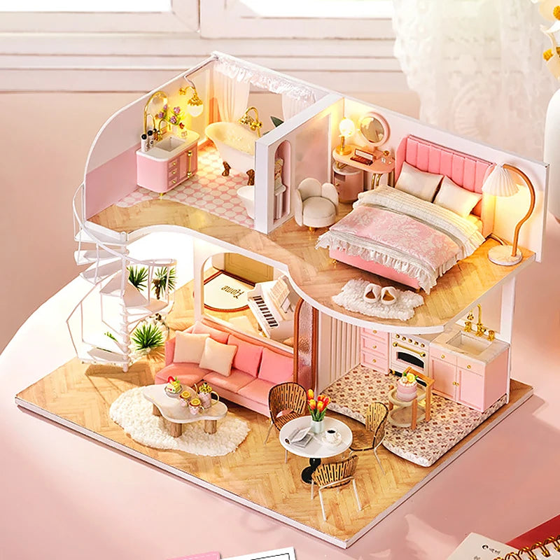 3D Wooden Mini Dollhouse Kit - DIY Duplex Apartment with Furniture