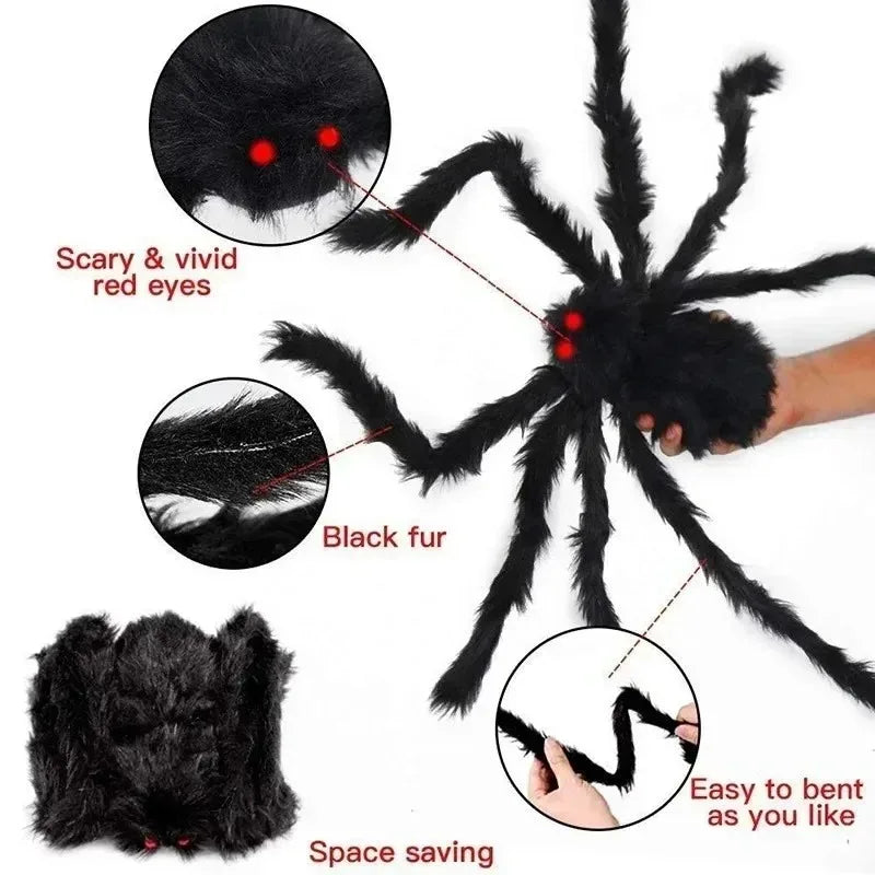 Giant Black Plush Spider Halloween Decoration - Realistic Party Prop
