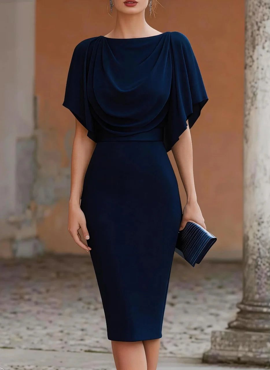 Elegant Women's Midi Dress with Cowl Neck & Draped Cape - Perfect for Parties