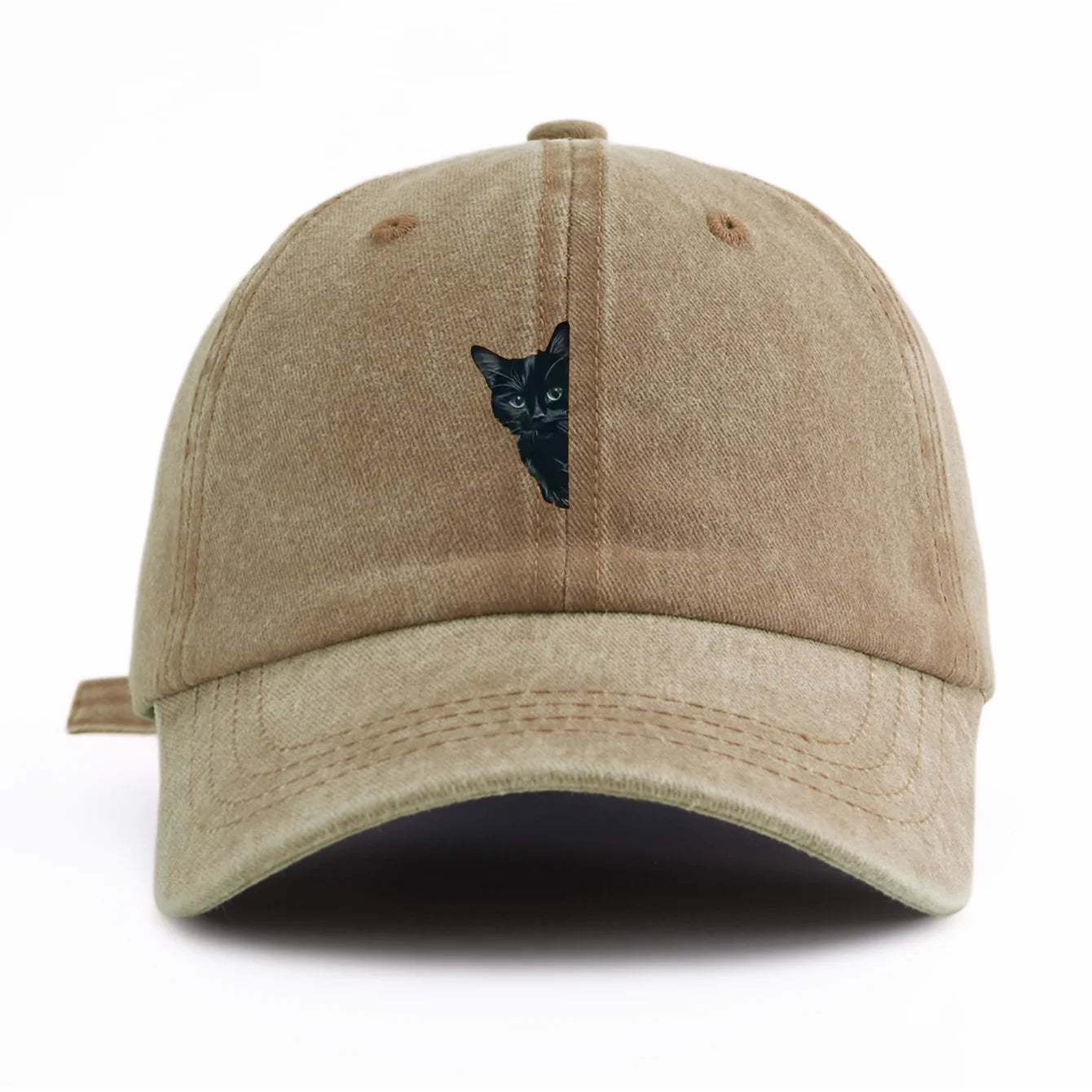 Black Cat Print Washed Baseball Cap - Casual Adjustable Dad Hat