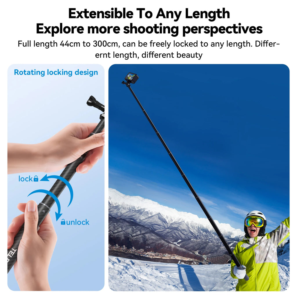 TELESIN Carbon Fiber Selfie Stick Monopod - Extendable 1.2M to 3M