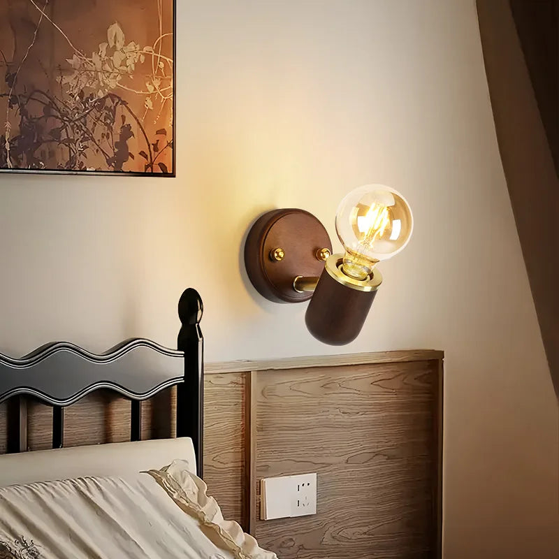 Stylish Retro Walnut LED Wall Lamp with Switch for Bedrooms & Aisles
