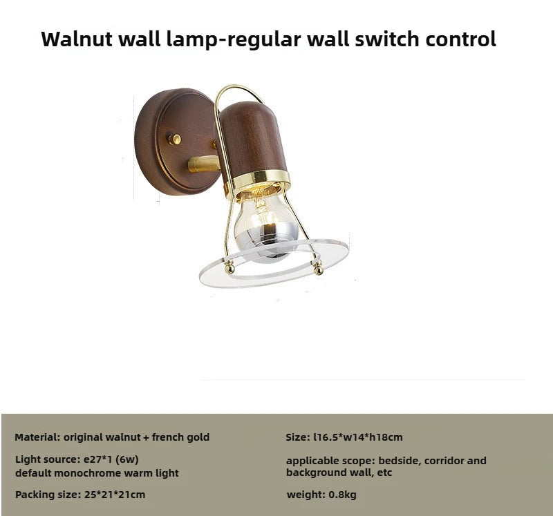 Antique Retro Walnut LED Glass Wall Lamp - Creative Bedroom Light