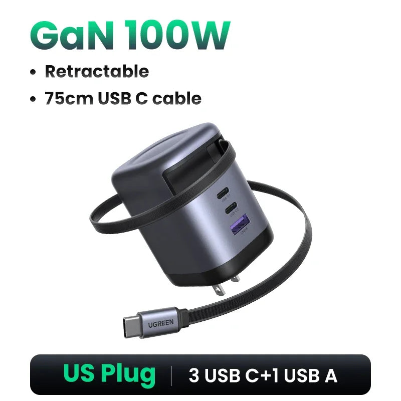 UGREEN 100W GaN Fast Charger with Retractable Cable for All Devices