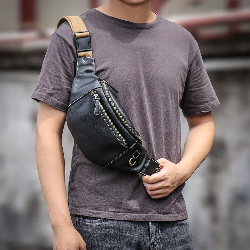 Trendy Top Grain Leather Crossbody Chest Pack for Men & Women