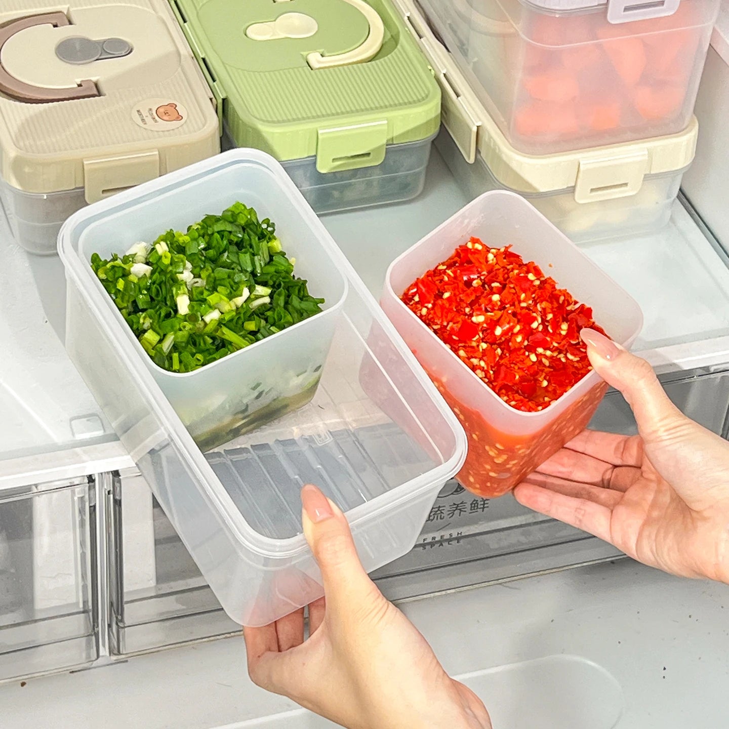 2-Grid Removable Clear Refrigerator Storage Box with Lid