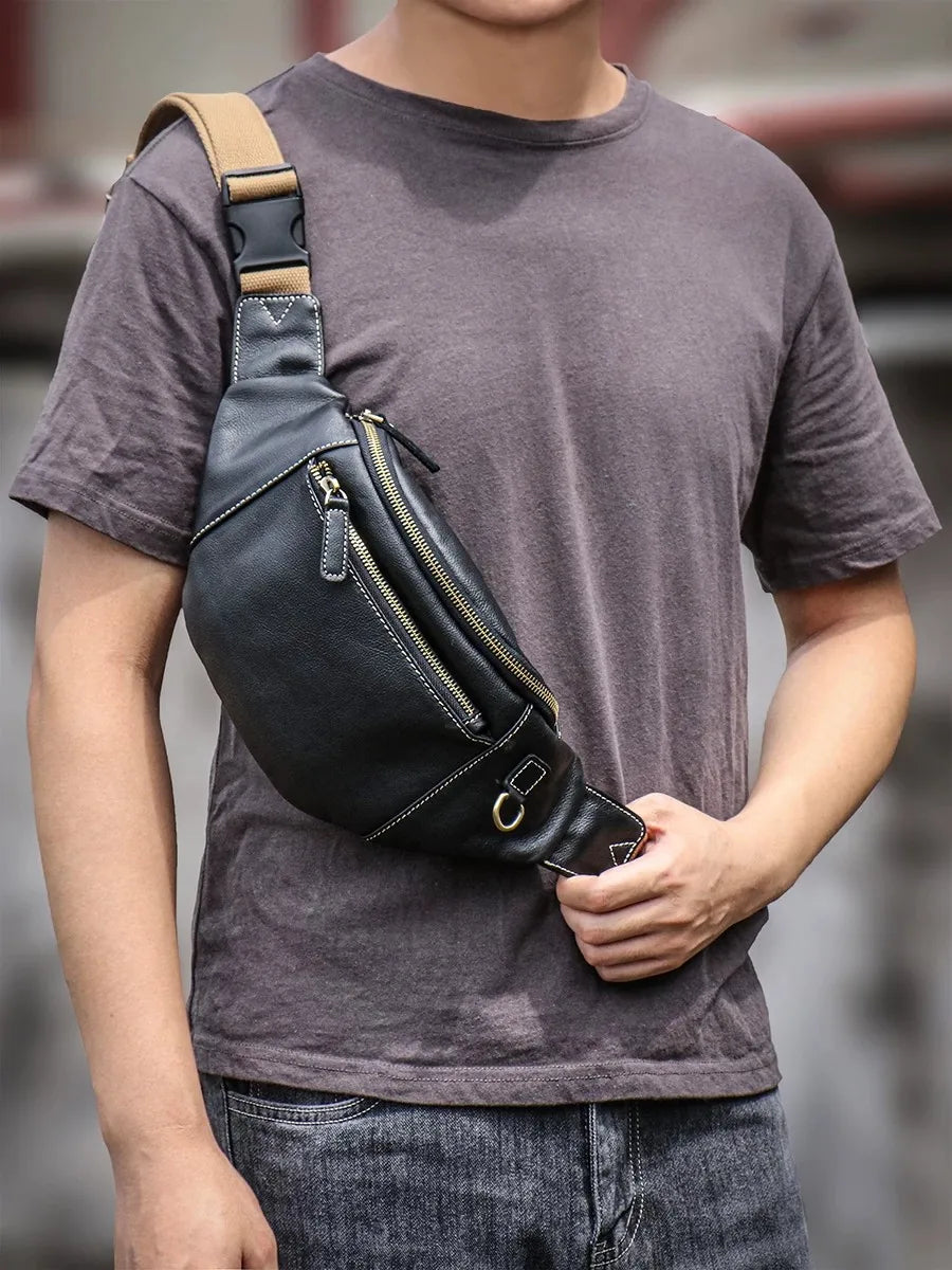 Trendy Top Grain Leather Crossbody Chest Pack for Men & Women