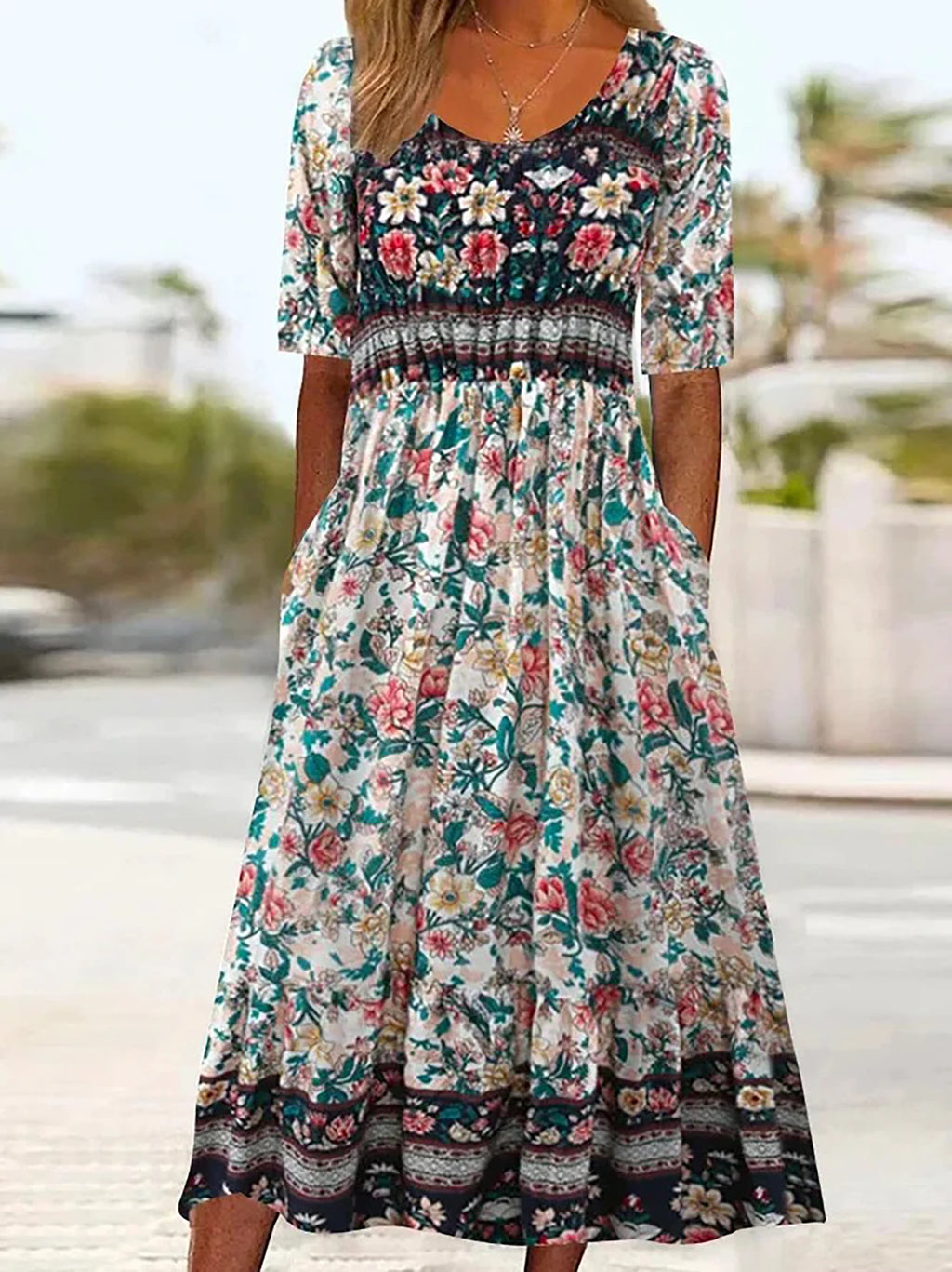 Boho Chic Women's Round Neck Print Short Sleeve Long Dress