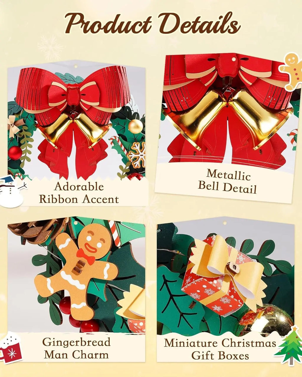 DIY 16-Inch Wooden Christmas Wreath with LED Lights & Red Bow