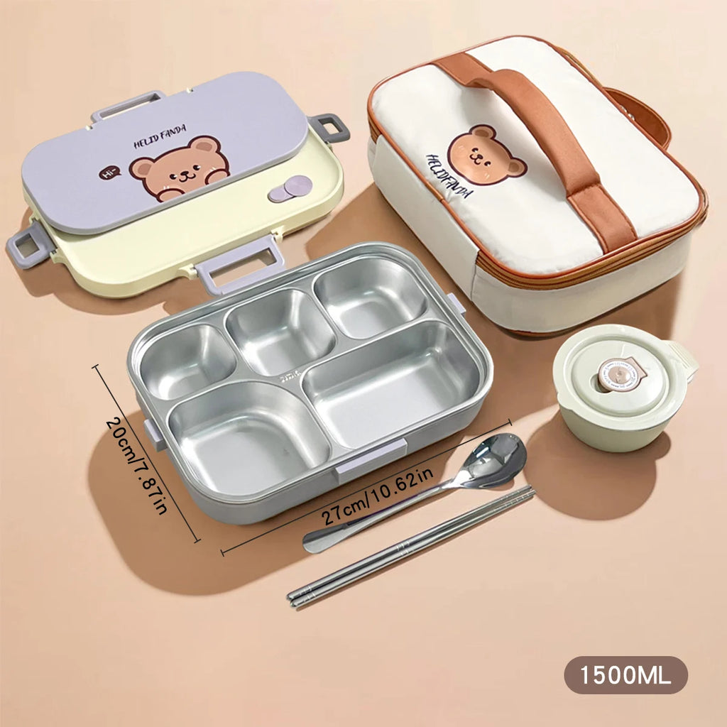 1500ml Stainless Steel Lunch Box with Cutlery & Bowl - Large Capacity