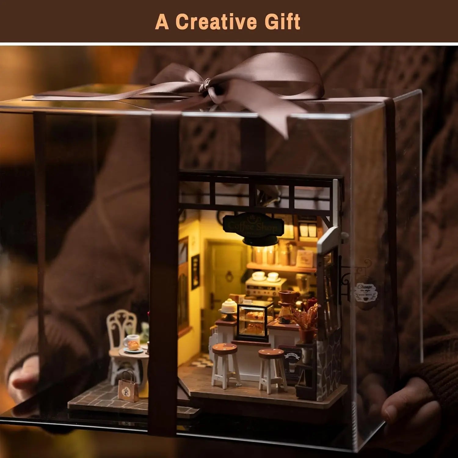 Robotime DIY Wooden Dollhouse Set - LED Coffee Model Kit for All Ages