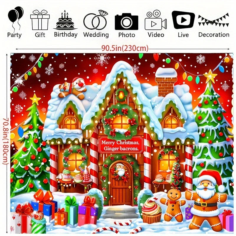 Festive Christmas Background with Holiday Decor & Whimsical Cottage