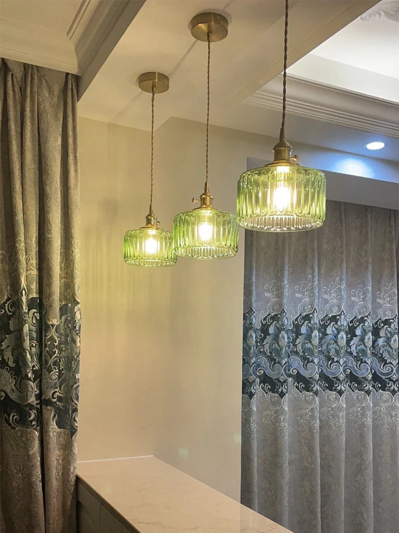 Vintage Green Glass Pendant Light - Nordic Copper Hanging Lamp