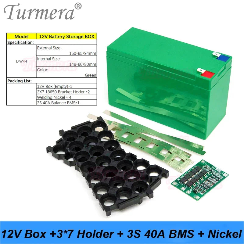 Turmera 12V Battery Storage Box for 18650 Lithium Cells - 3S BMS