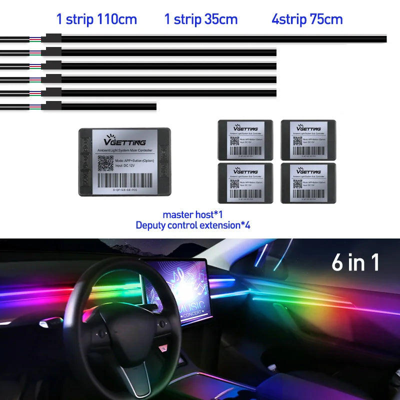 RGB LED Car Ambient Lights - 64 Color Customizable Symphony Lamp