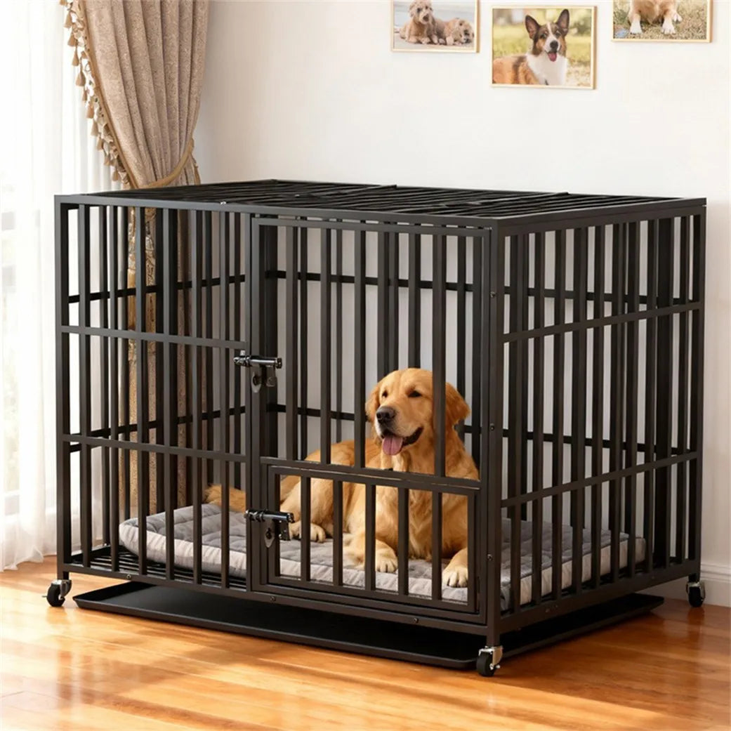 Heavy Duty Dog Crate with Lockable Wheels & Easy Clean Tray