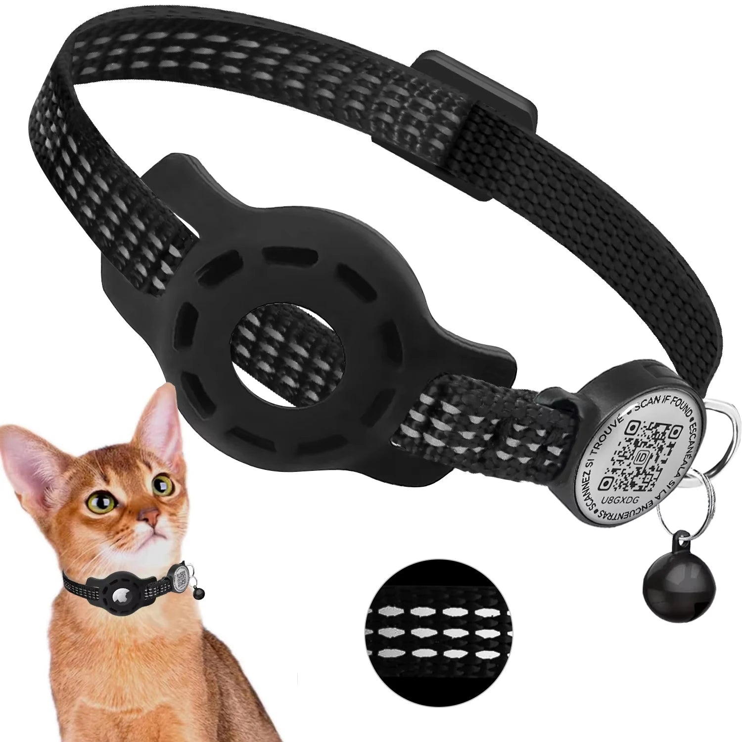 Reflective Cat GPS Collar with QR Code & AirTag Holder - Breakaway Design