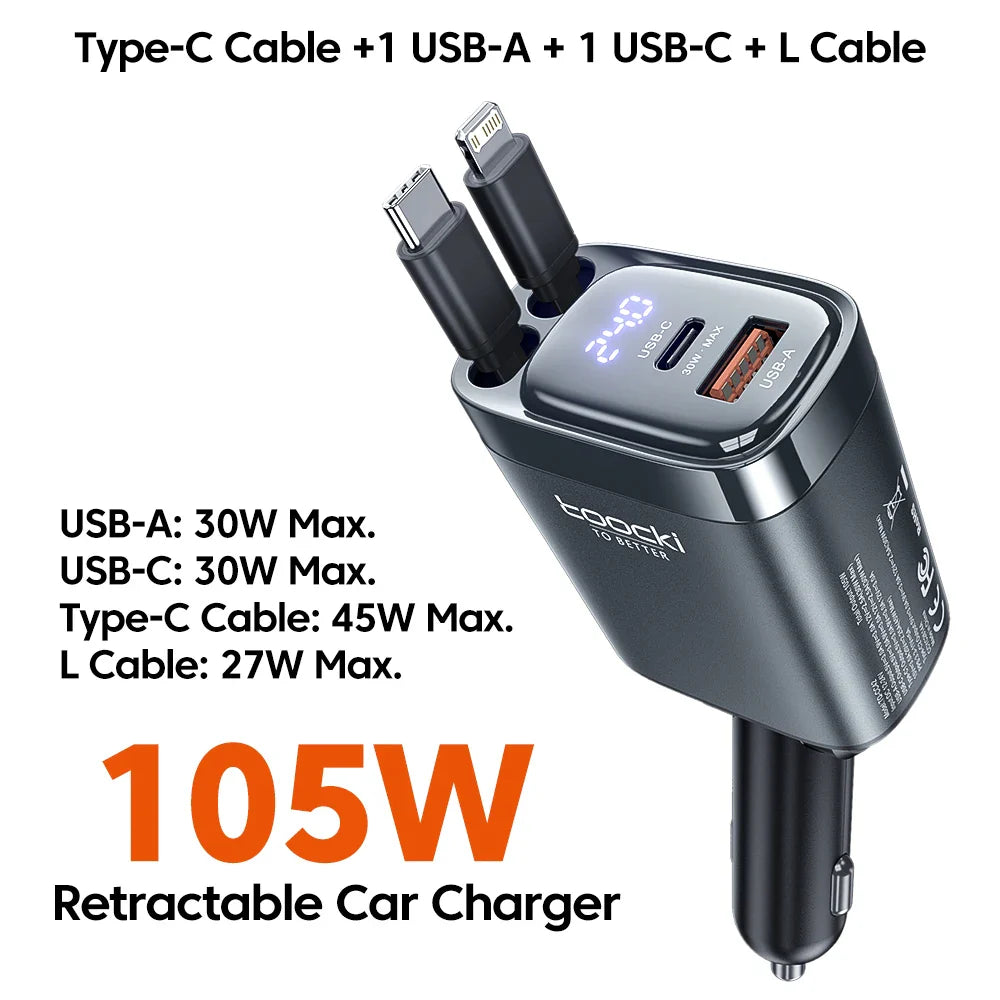 Toocki 105W 4-in-1 Retractable Car Charger with Type-C Cable