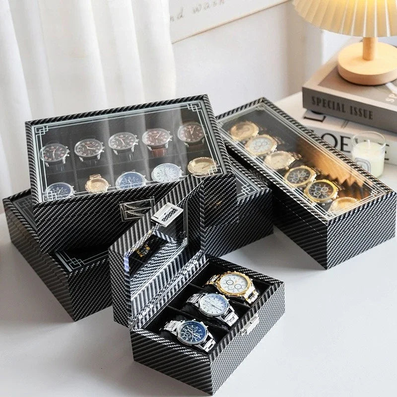 High-Gloss Carbon Fiber Watch Storage Box - Elegant Watch Organizer