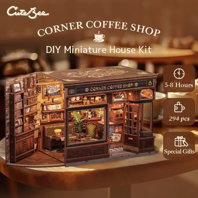 CUTEBEE DIY Book Nook Kit with LED Light - Charming Miniature Coffee Shop