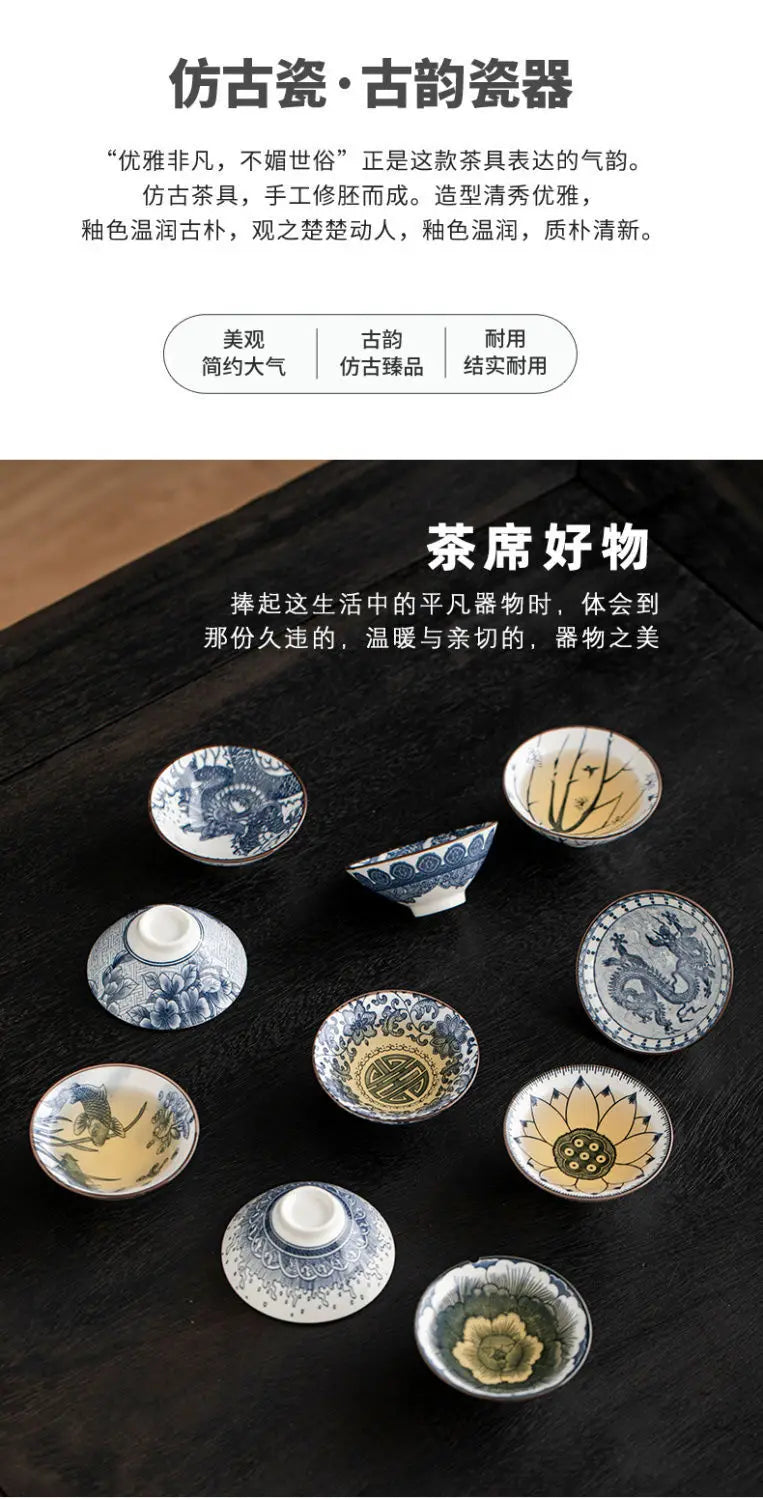 Vintage Blue and White Porcelain Teacups Set – 10 Pcs for Tea Lovers