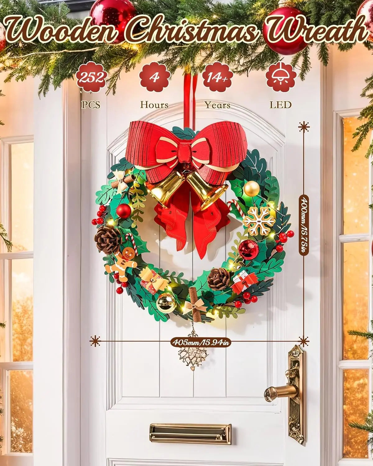 DIY 16-Inch Wooden Christmas Wreath with LED Lights & Red Bow