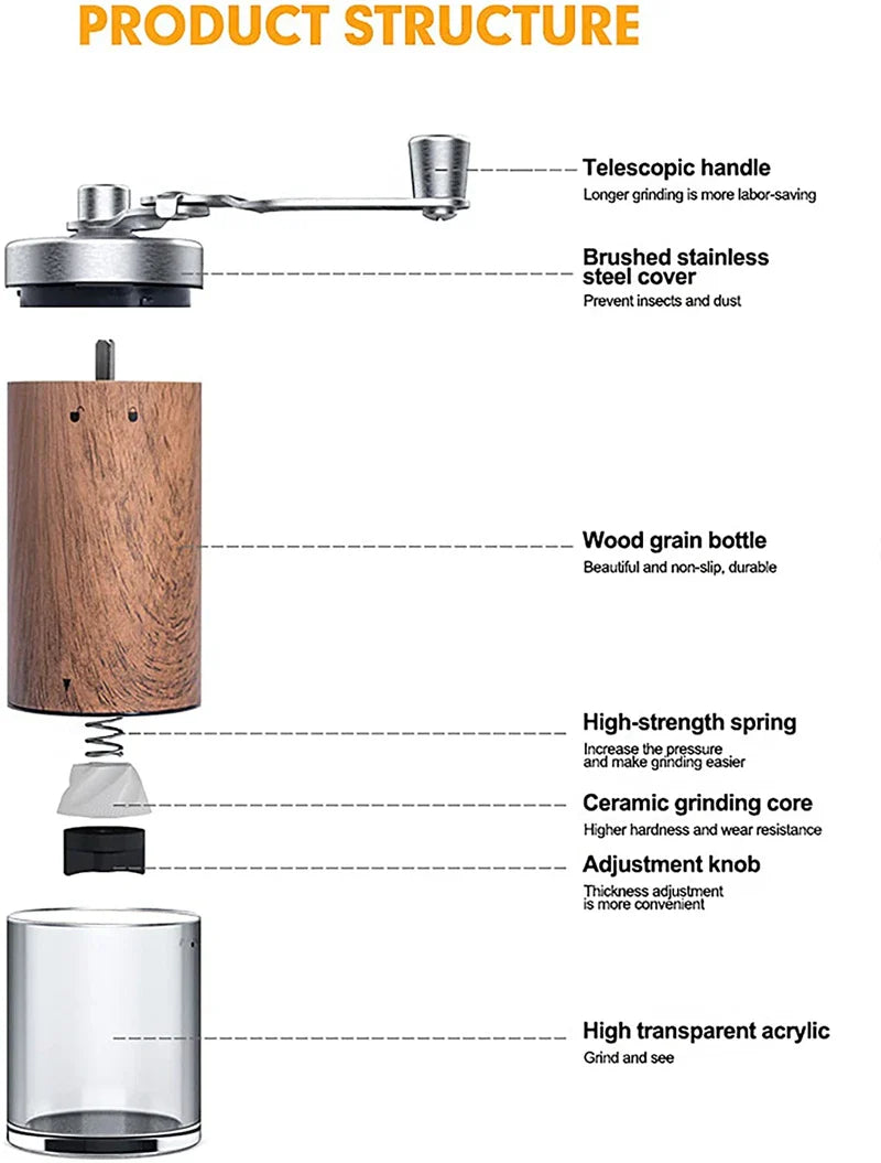 Portable Manual Coffee Grinder - Stainless Steel & Wood Elegance