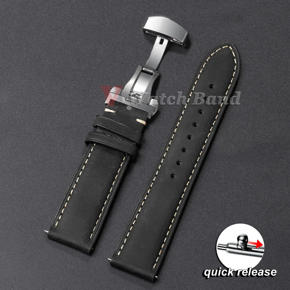 Genuine Leather Watch Band with Butterfly Buckle - 18/20/22mm Options