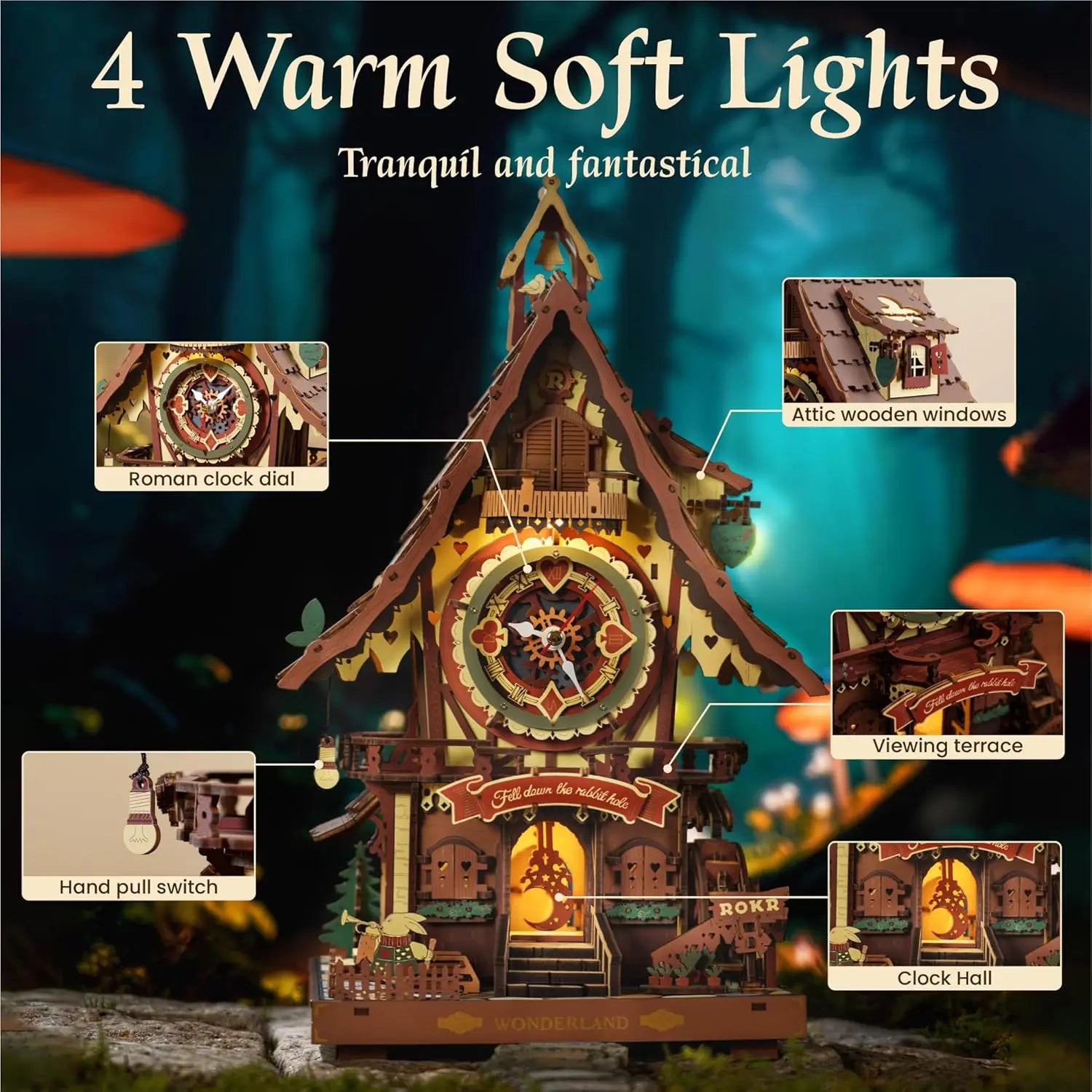 Robotime 3D Wooden Cuckoo Clock Kit - DIY Puzzle with LED Lights