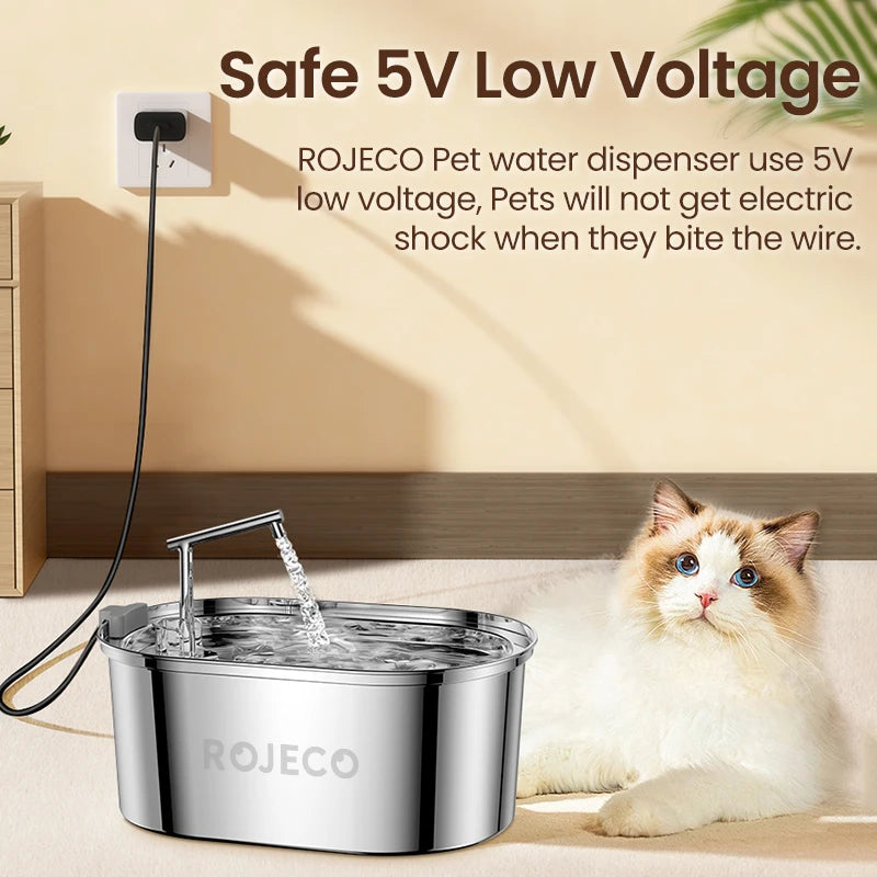 ROJECO Automatic Stainless Steel Cat Water Fountain - 3.2L Dispenser