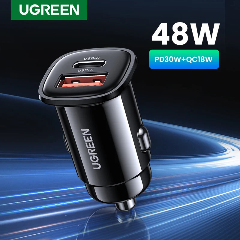UGREEN 30W Fast Car Charger - Dual Port PD & QC for Quick Charging