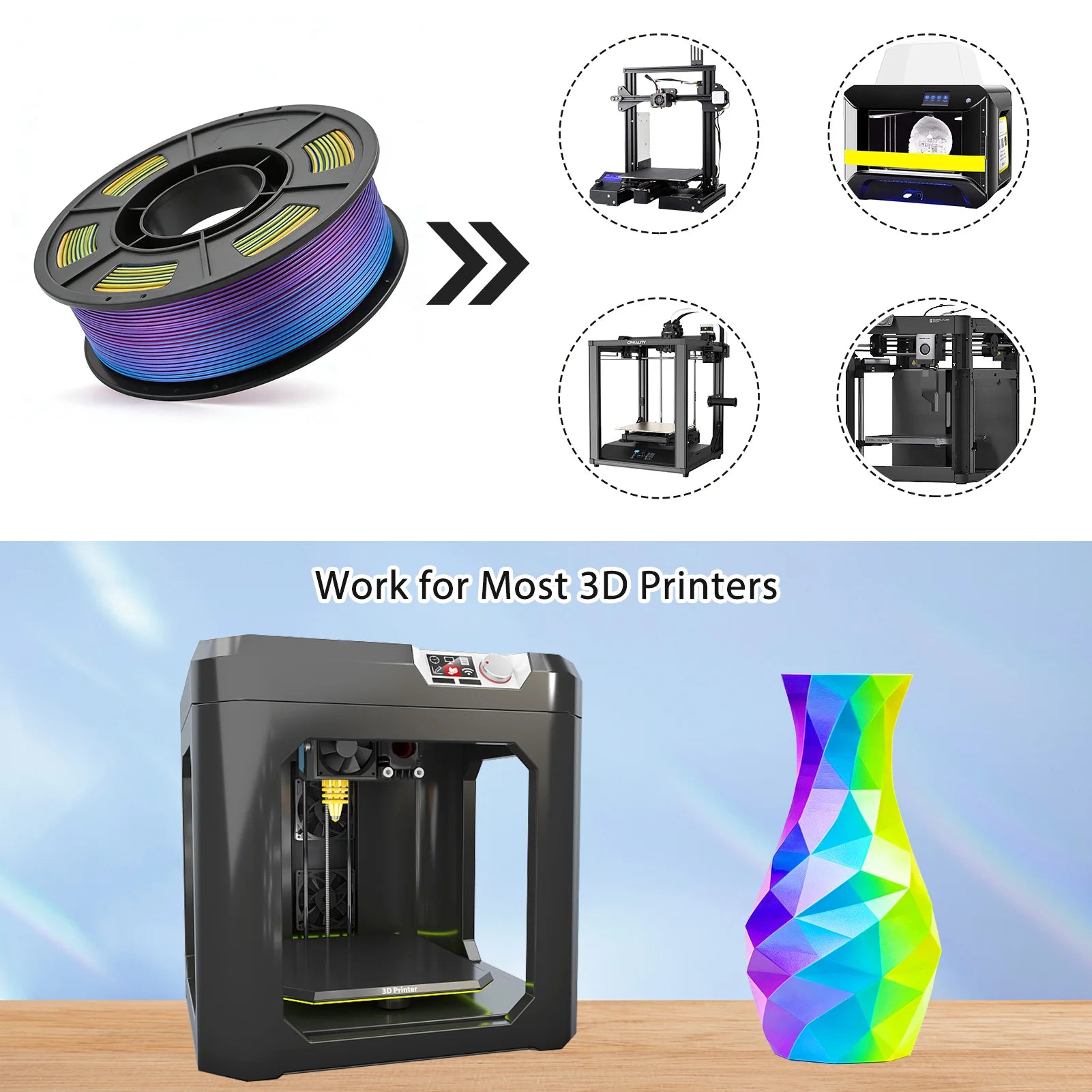 Tricolor Silk PLA 3D Printer Filament - 1.75mm Multicolor 250g