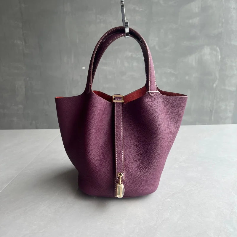 Elegant Premium Cowhide Leather Handheld Basket Bag for Women