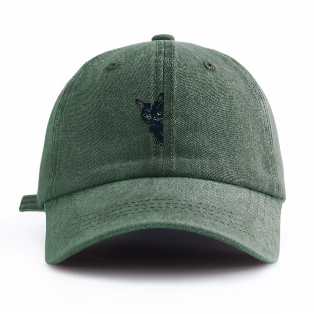 Black Cat Print Washed Baseball Cap - Casual Adjustable Dad Hat