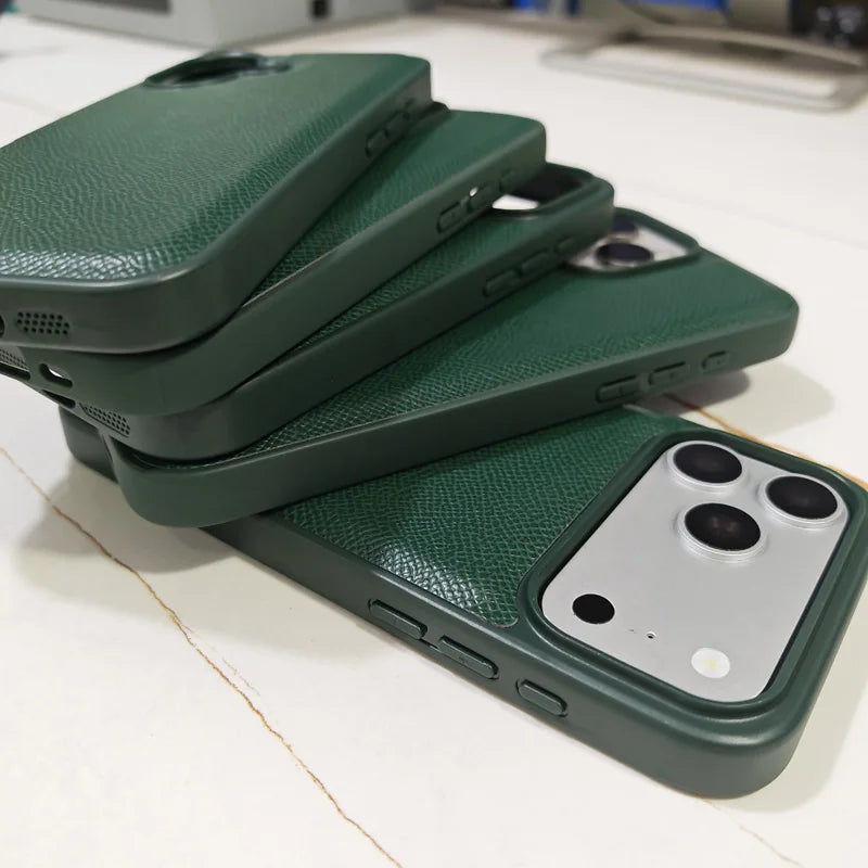 Elegant Forest Green Epsom Leather Phone Case for iPhone 17/16/15/14/13 Pro Max