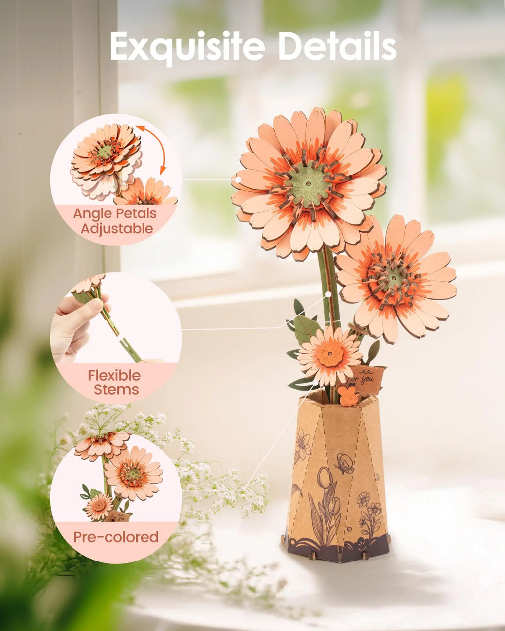 Robotime 3D Wooden Flower Puzzle Kit | Unique DIY Home Decor Gift