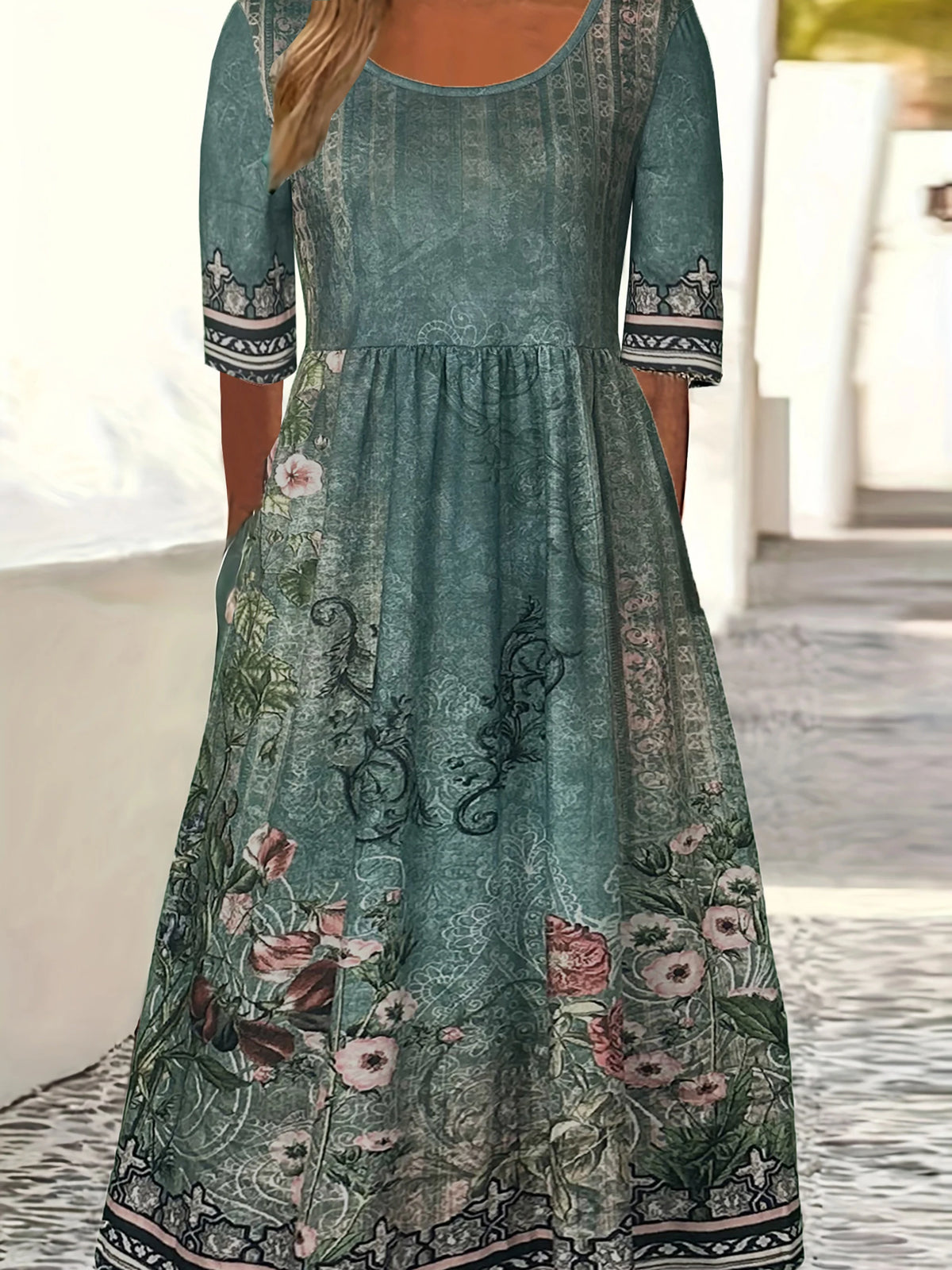 Boho Chic Women's Round Neck Print Short Sleeve Long Dress