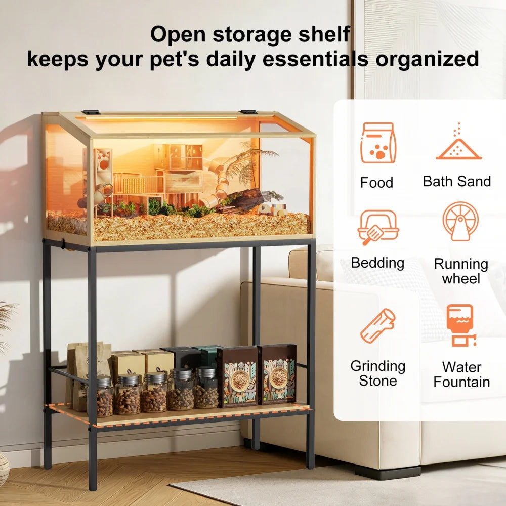 Large Elevated Wooden Hamster Cage with LED Light & Storage Shelf