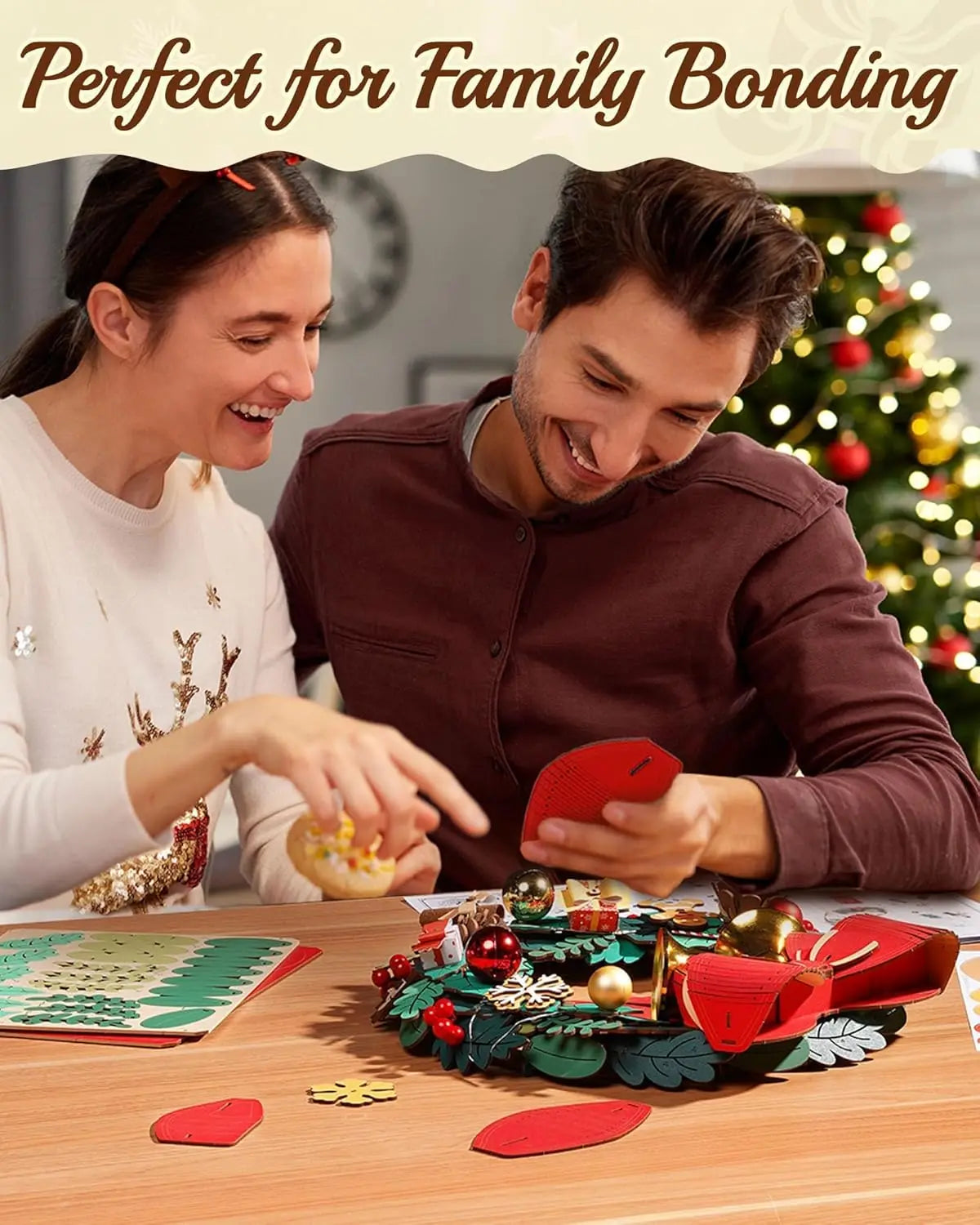 DIY 16-Inch Wooden Christmas Wreath with LED Lights & Red Bow