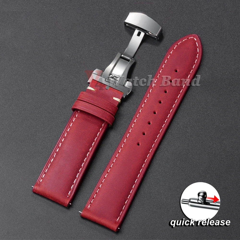 Genuine Leather Watch Band with Butterfly Buckle - 18/20/22mm Options