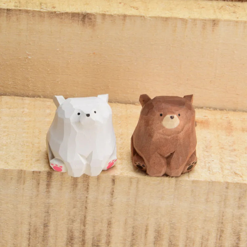 Cute Wooden Polar Bear Figurine - Miniature Hand-Carved Decor