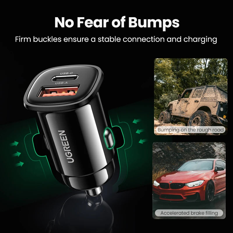 UGREEN 30W Fast Car Charger - Dual Port PD & QC for Quick Charging