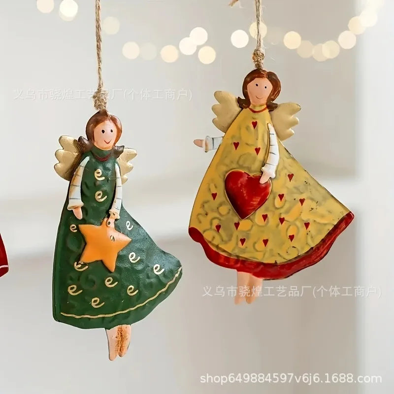 4PCS Vintage Angel Wooden Hanging Ornaments for Festive Decor