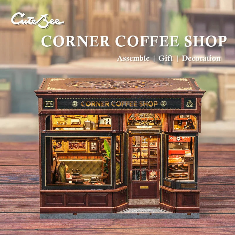 CUTEBEE DIY Book Nook Kit with LED Light - Charming Miniature Coffee Shop