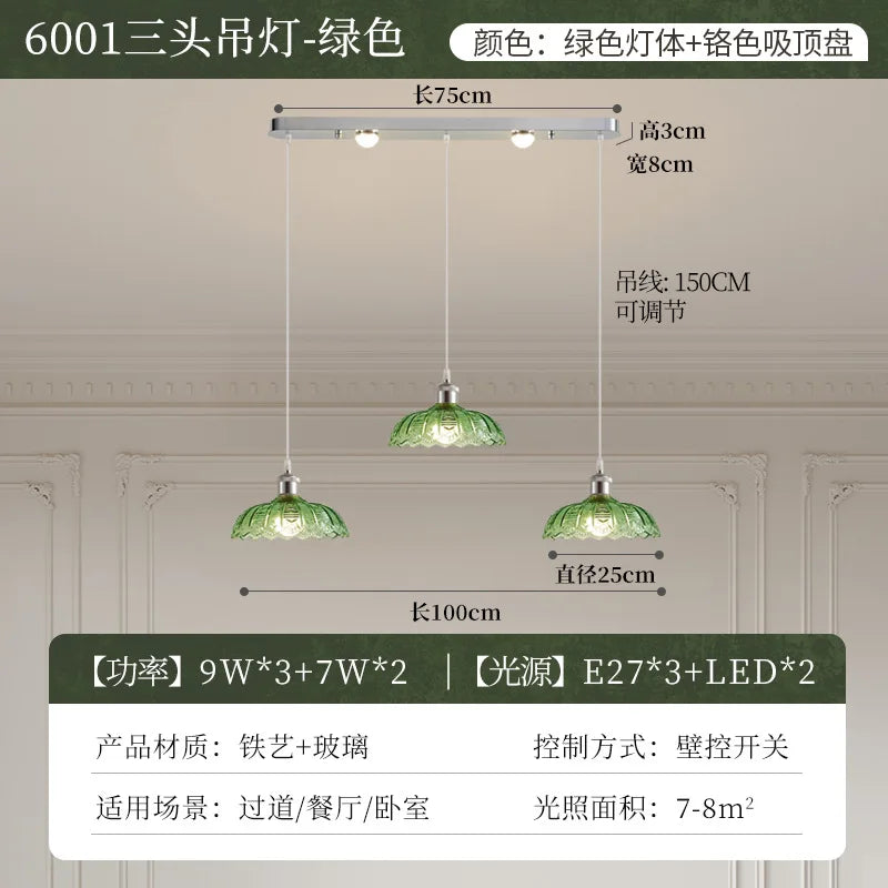 Vintage Green Glass LED Pendant Light - Adjustable Floral Design