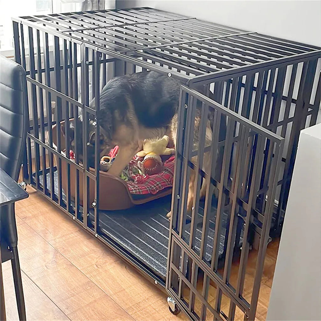 Heavy Duty Dog Crate with Lockable Wheels & Easy Clean Tray