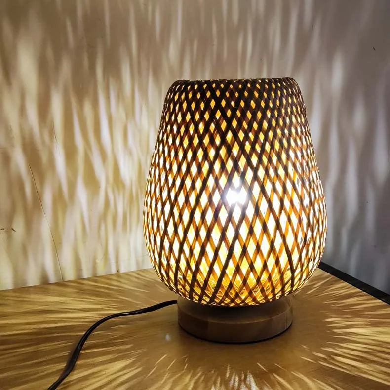 Handcrafted Bamboo Woven Table Lamp with Wooden Base - Modern Night Light
