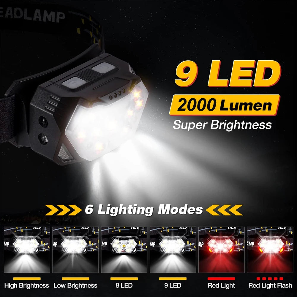 9 LED Rechargeable Headlamp with Motion Sensor - 2000 Lumen Brightness