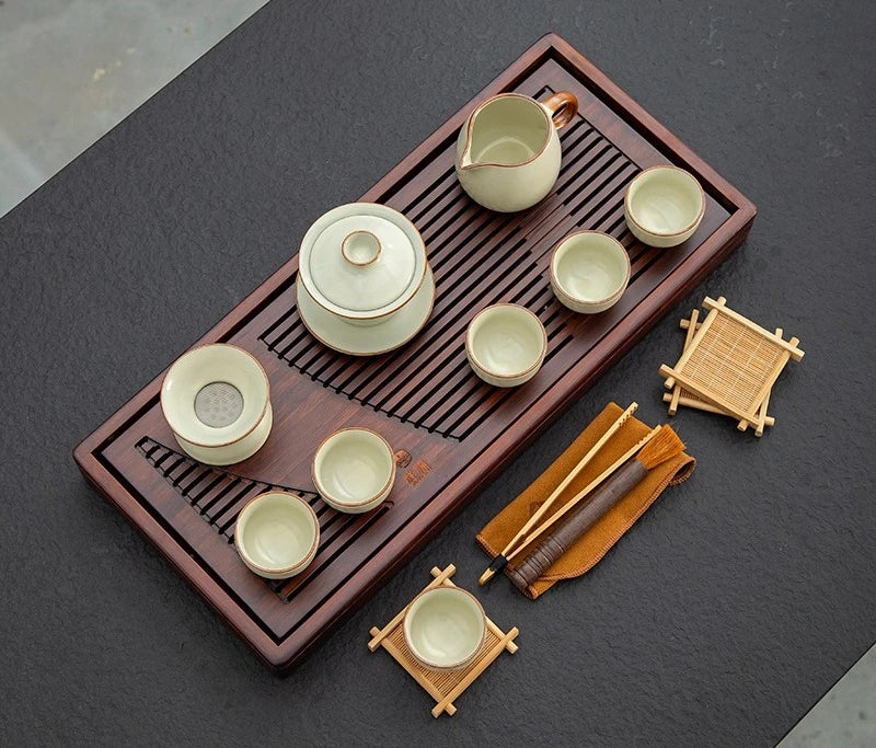 VINRITO Yixing Ceramic Kung Fu Tea Set with Solid Wood Tea Tray - 27 Pieces
