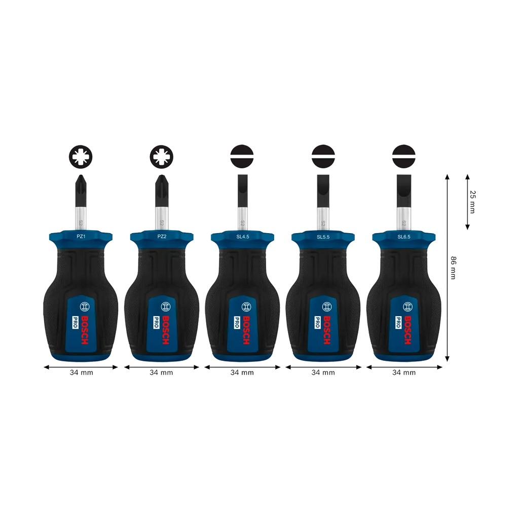 BOSCH PRO Stubby Screwdriver Set - PH/SL & PZ/SL 5PCS
